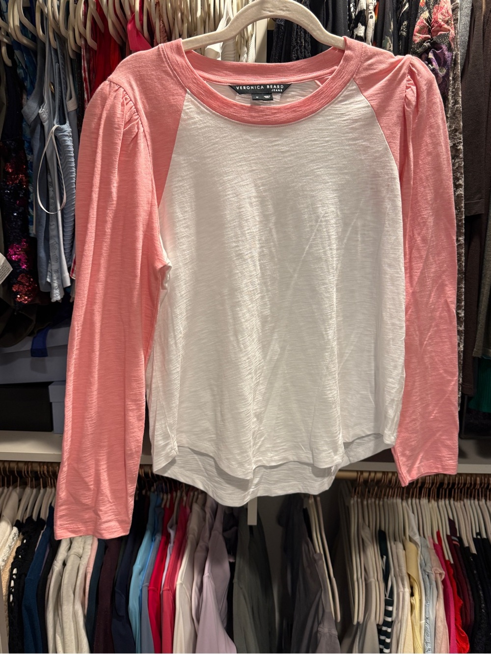 Veronica Beard Baseball Long-Sleeve Tee in White and Pink